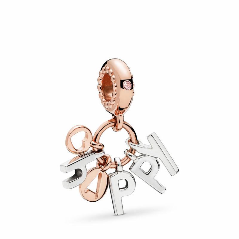 Pandora Rose™ Be Happy Dangle Charm Ireland - Pandora Rose/Sterling Silver/Pink/Crystal - 271043EGC